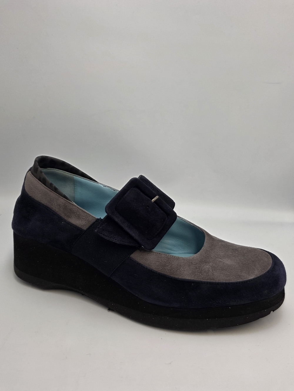 Thierry Rabotin Navy Gray Suede Colorblock Mary Jane Wedge Pumps 37.5 EU ✨